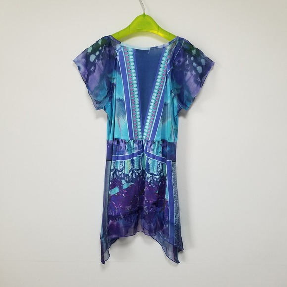 Live and let live Womens Top PM Petite Medium Blue Purple Butterfly Cap Sleeve - Picture 2 of 12